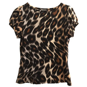 Worthington Petite Medium PM Short Sleeve Top Animal Print Blouse Cheetah
